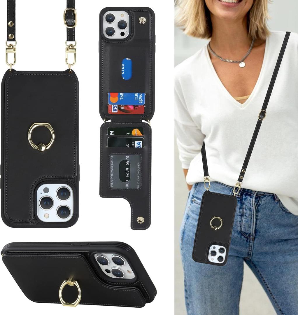 Lipvina for iPhone 15 Pro Case with Card Holder for Women,iPhone 15 Pro Phone Case with Strap,Crossbody Lanyard,RFID Blocking,Ring Stand,Snap Clasp,Cute Wallet Case 6.1 inch(Black)