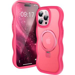 [Cute Wave Frame+Mag Stand] Designed for iPhone 15 Pro Max Case, [Fit for MagSafe] Translucent Silicone Protective Magnetic Ring Phone Case Cover for iPhone 15 Promax 6.7 inch Men Women, Hot Pink