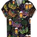 Purple Mardi Gras Shirt for Men Button Down Short Sleeve Hawaiian Shirts (Black, S)