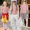 Girls Short Sleeve Ribbed Knit Shirts | Ruched Top, Slim Fit, Casual Crewneck, Basic Tee, Summer, Back to School