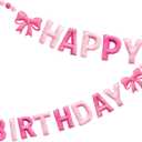 Pink Pre-Strung Happy Birthday Banner Felt Wool Ball Garland Hot Pink Conquette Bow Happy Birthday Garland Streamer Bday Party Decorations Sign for Women Kids Girls Party Photo Prop Decor Supplies