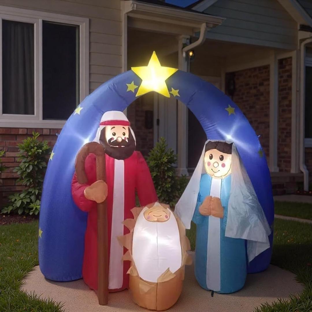6FT Christmas Inflatable Outdoor Decoration Nativity Scene  Yard Decoration Inflatable Nativity Set with LED Lights, for Outdoor and Indoor Holiday Parties, Lawn, and Garden Decoration.