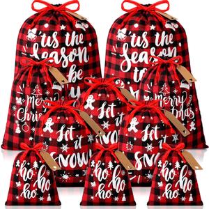 Wesnoy 20 Pack Christmas Drawstring Gift Bags with Tags, Xmas Gift Bags Assorted Sizes Bulk, Large Medium Small Holiday Gift Bag for Party Favors Present Wrapping (Red and Black)
