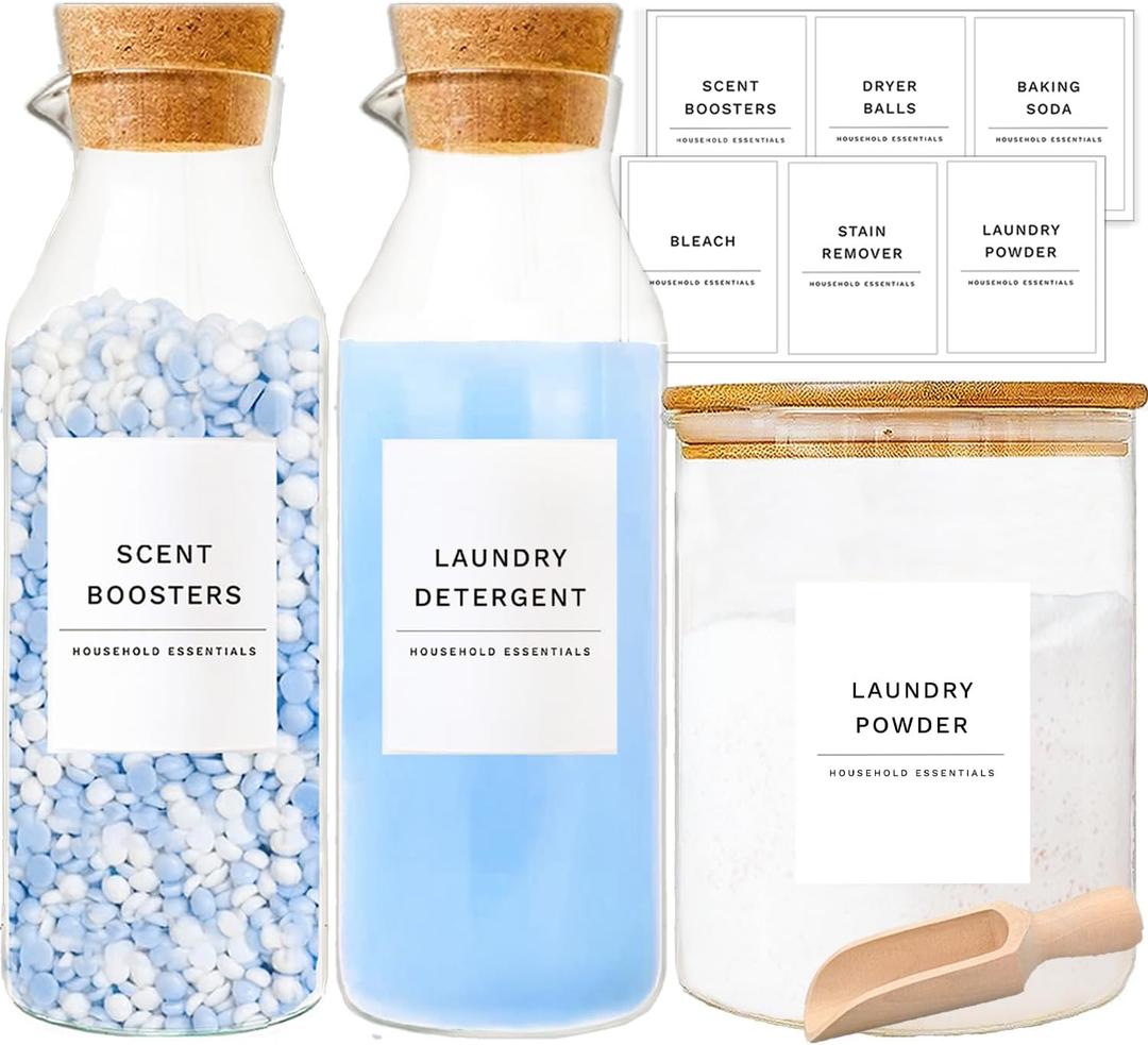 Glass Laundry Detergent Dispenser Set, Fabric Softener Dispenser, 3 Pack Laundry Detergent Jar & Laundry Bottles, Liquid Detergent Containers, Scent Booster & Bleach Dispenser for Laundry Room