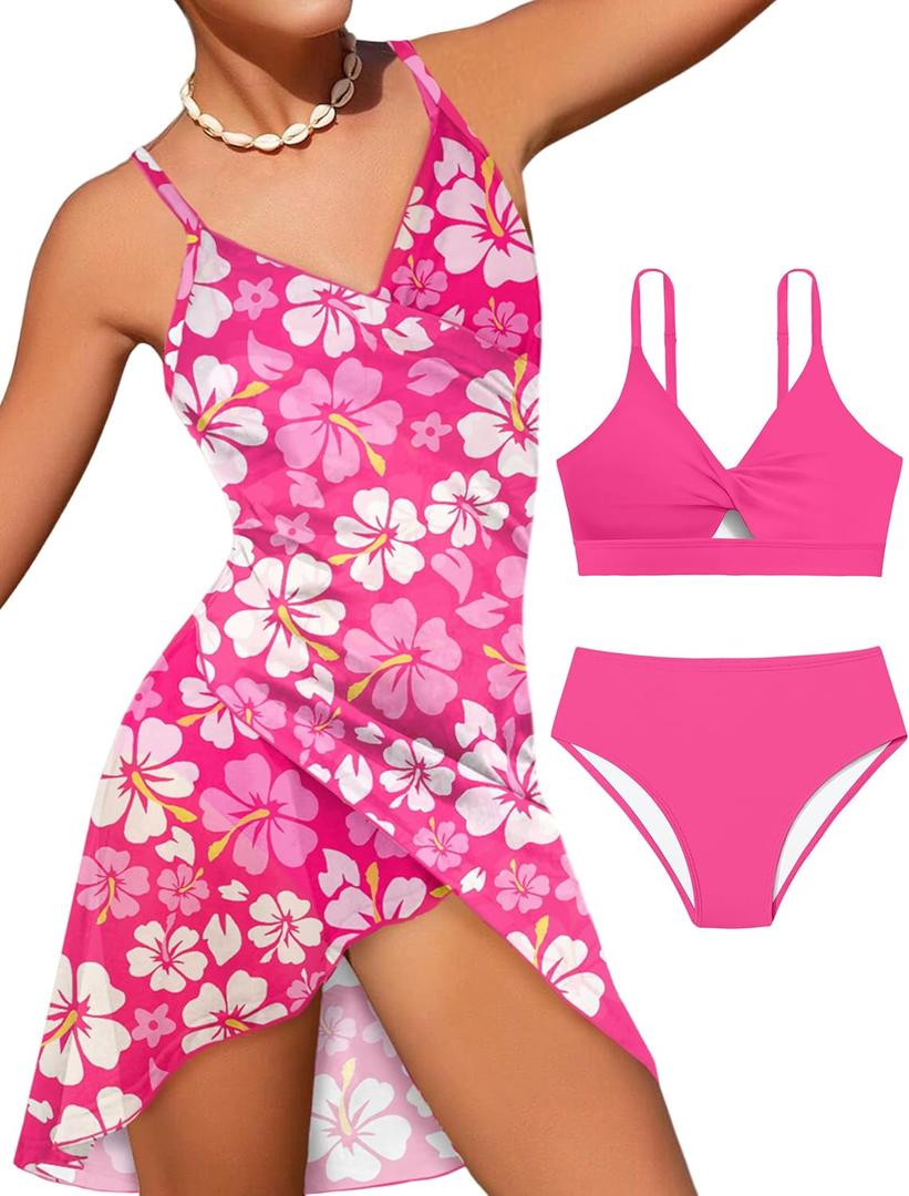 Girls Swimsuits 3 Piece Tropical Print Bathing Suits Twist Cross Bikini Set with Backless Wrap Dress Cover Up (13-14 Years, Hot Pink)
