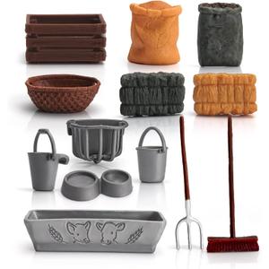 13PCS Farm Toys Feed Barn Food Accessories Toy Farm Tools Set for Animals Figure Horse Stable Playset Fence Accessories Cake Toppers for Kids Toddlers Hay Bale Straw Heap Educational Gift