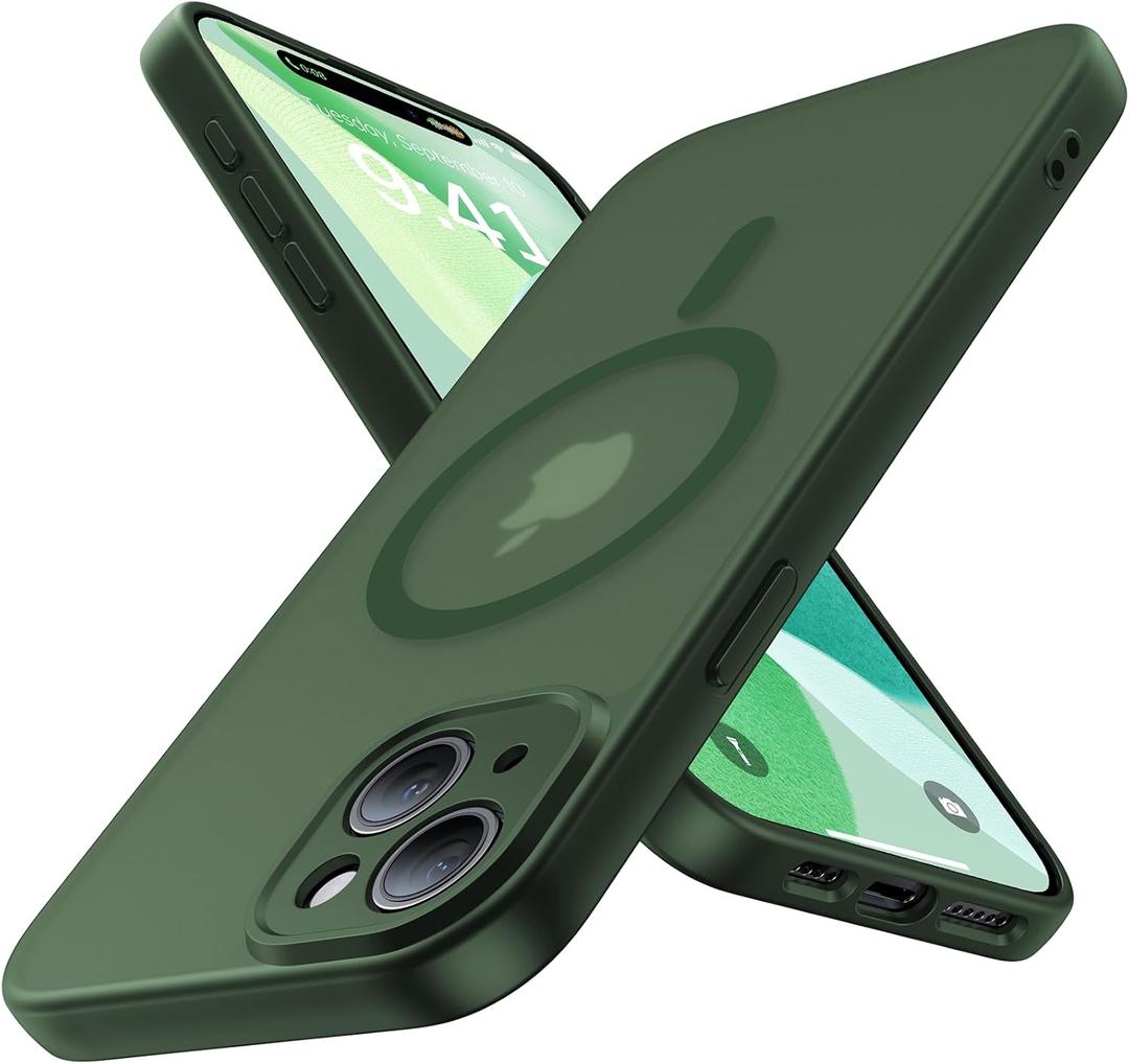 Magnetic for iPhone 15 Case,Upgraded [Full Camera Protection][Compatible with Magsafe][Military Grade Drop Protection] Shockproof Slim Translucent Matte Phone Case for iPhone 15,Forest Green