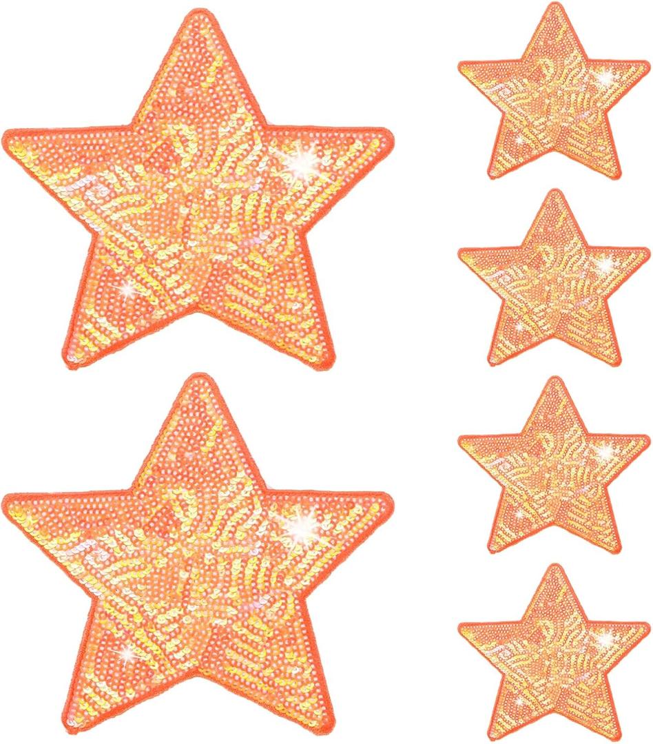 M METERXITY 6-Pack Sequin Star Iron Patches, 4.9x4.9in/12.5x12.5cm Colorful Shiny Patches Embroidery for Clothes/Hats/Bags/DIY/Repair Hole, Glitter Star Applique Sewing Patch [Orange]