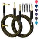 Guitar Cable 15 Feet/2 Pack-Right Angle+Straight to Straight Instrument Cable-Gold Plated Nylon Braided-90 Degree 1/4 Inch TS Electric Bass Guitar Cord Amp Cable 6.35mm Male with 6 Guitar Picks+5 Ties (15FT-2PK, Angled to Straight + Straight to Straight)