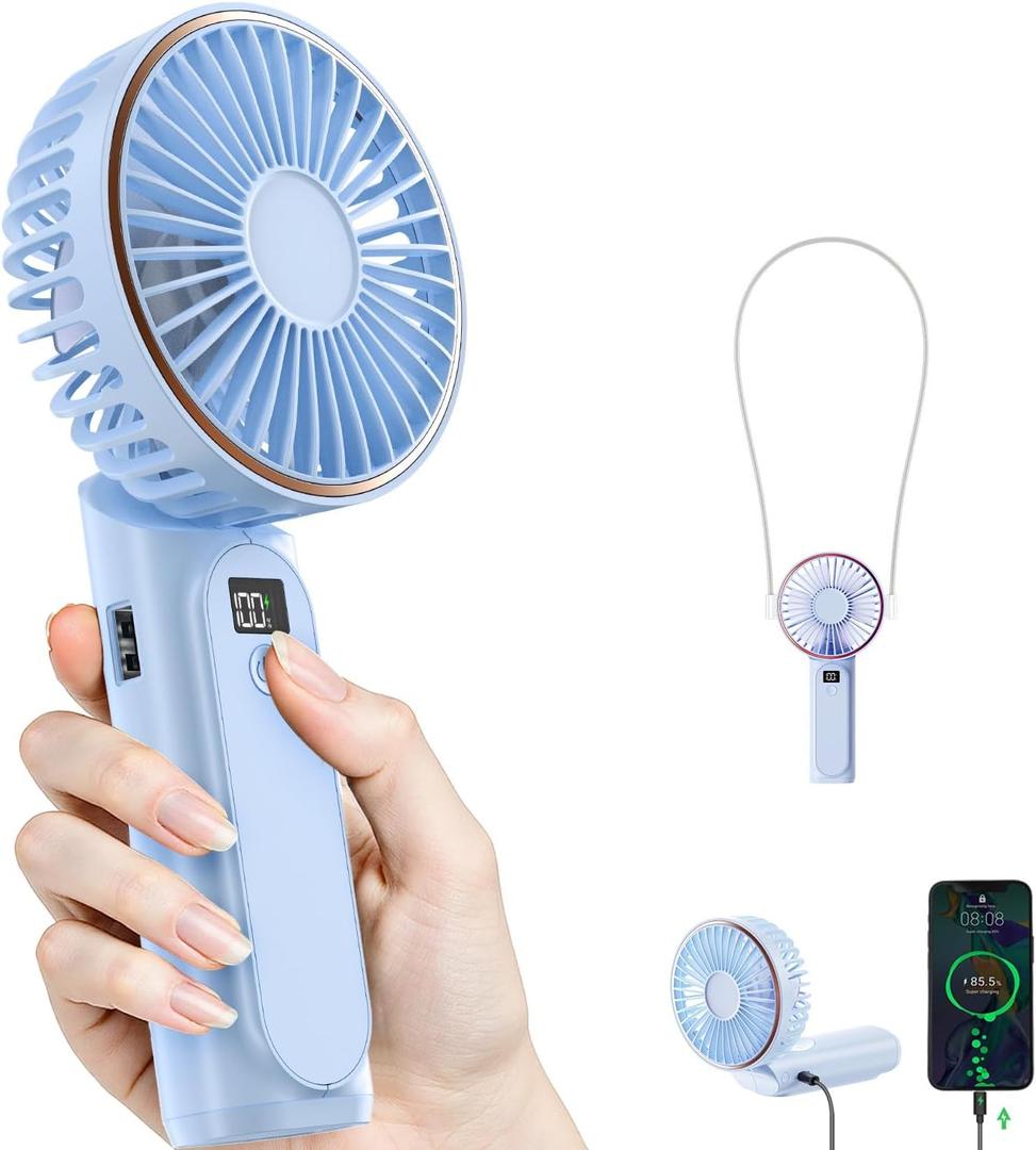 Portable Handheld Fan, Portable Fan Rechargeable, 4000mAh, 180 Adjustable, 6 Speed Wind, Display Electricity in Real Time, USB Rechargeable Foldable Fan, Quiet Personal Fan as Power Bank (Blue Breeze)