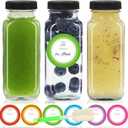 STARSIDE 8 oz 3 Pack Glass Juice Bottles with Lids - Square Reusable Drinking Jars for Juicing, Milk, Kombucha - Includes 1 Bottle Brush, 6 Colored Labels