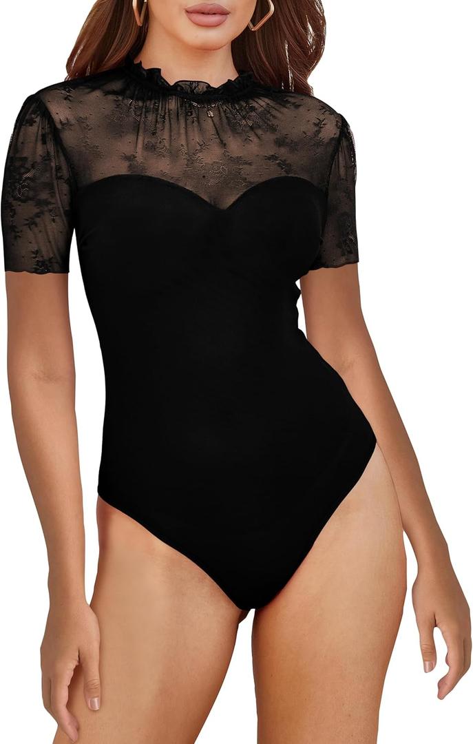 SEBOWEL Women Sexy Floral Lace Mesh Bodysuit Short Sleeve Sheer See Through Mesh Bodysuit Tops Going Out Tops Romper Clubwear (Small)