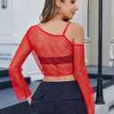 Avidlove Mesh Crop Tops for Women Long Sleeve Fishnet Shirt See Through Tops Rave Outfits Party Clubwear (Red)