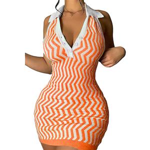 Ryehack Womens Summer Halter Mini Dress Backless Sundress Striped V Neck Bodycon Beach Vacation Sexy Birthday Club Outfits (Large, Orange)