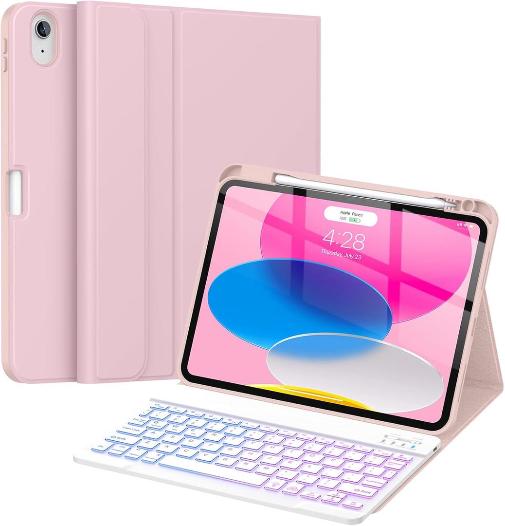 Soke for iPad (A16) 11th/10th Generation Case with Keyboard(2025/2022)-7 Color Backlight Wireless Detachable Folio Keyboard Cover with Built-in Pencil Holder for iPad 11/10.9 inch, Pink
