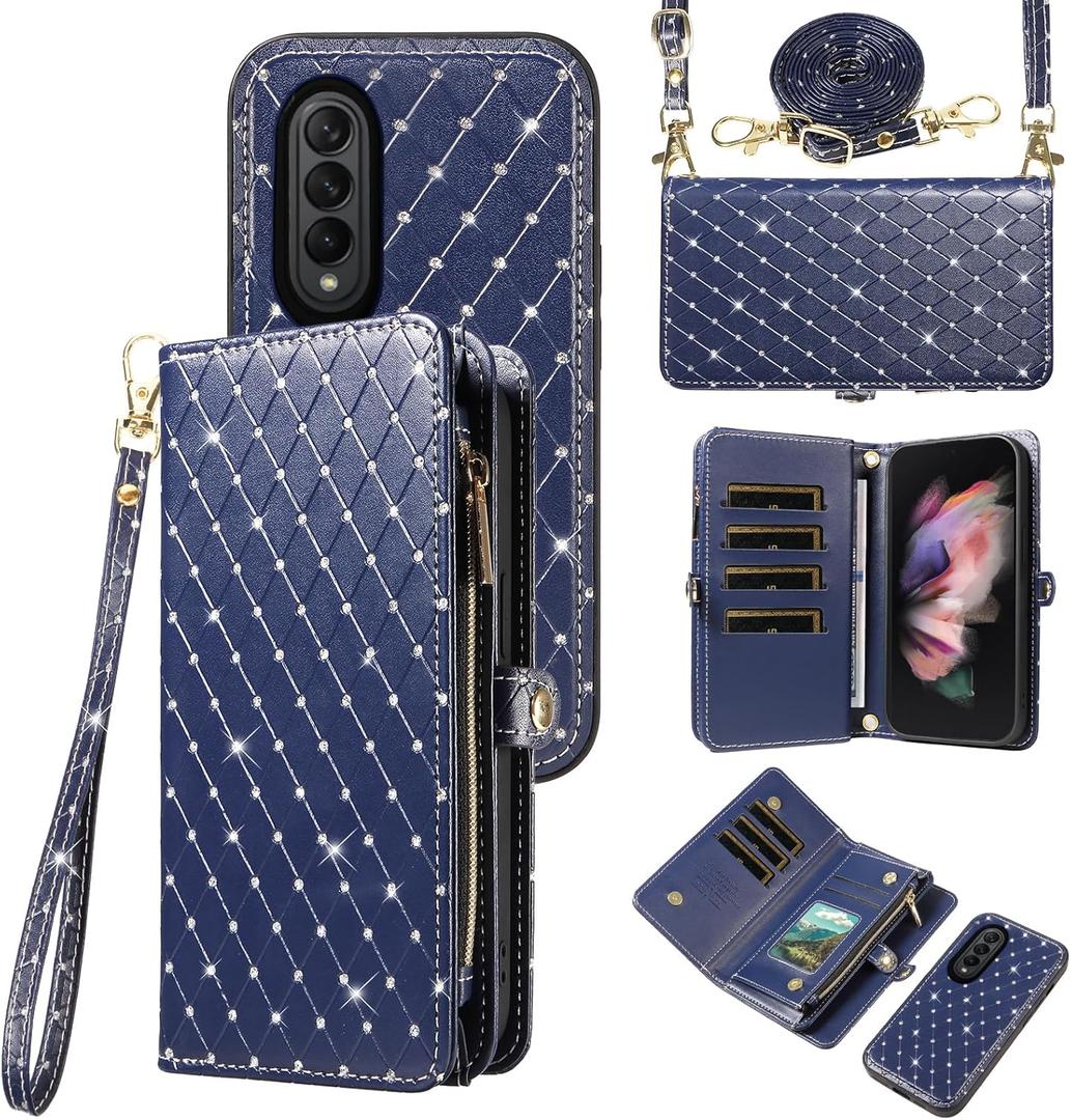 Phone Case for Samsung Galaxy Z Fold 3 5G 2021 Zipper Wallet Detachable Cell Cover with Crossbody Lanyard Strap Glitter Flip Card Holder Slot ZFold3 Z3 Fold3 3Z ZFold35G Women Men Girls Navy Blue