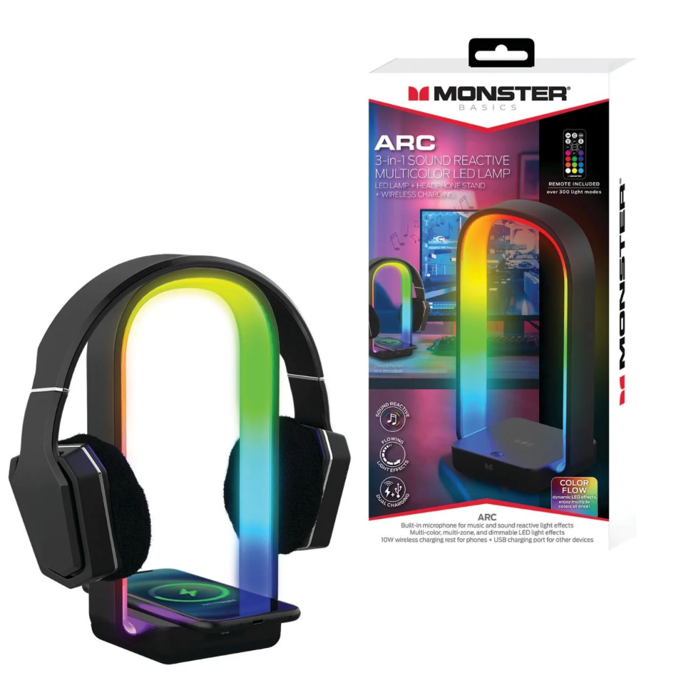 Monster Wireless Charging Multicolor Arc LED Lamp Light, Headphone Stand, 2 Charging Options
