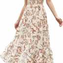 GRACE KARIN Women's 2026 Summer Floral Boho Dress Square Neck Strapped Swing A Line Sundress Beach Long Maxi Outfits (Medium, Beige)