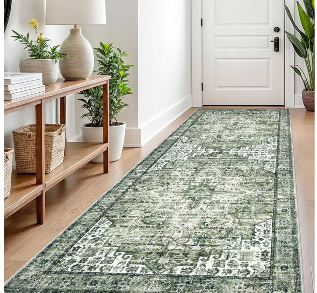 3x8 Washable Rug for Entryway, Green Soft Printed Area Rug, Non-Slip Kitchen Rugs, Low-Pile Medallion Indoor Door Mat, Small Farmhouse Carpet for Entrance Kitchen Foyer Bedside