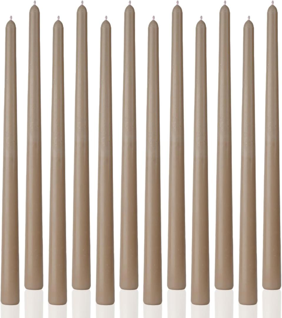 Sahara Beige Tall Taper Candles 12 inch Unscented Smokeless Long Tall Tapered Candle for Candlesticks Sticks Wedding Advent Home Decor Dinner Christmas, Set of 12