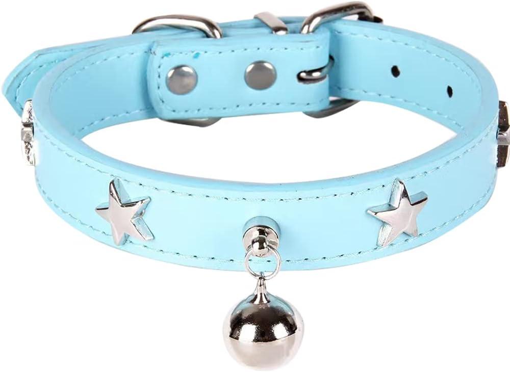 Leather Dog Collar with Bell and Star Studs, Dog Collars for Small Medium Large Dogs Collar for Female Male Dogs (XS: 7 1/2 - 10 1/2 in, Blue)