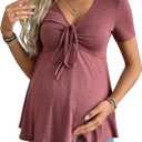 Women's Drawstring Front V Neck Maternity T Shirt Short Sleeve Peplum Tops Pregnancy Clothes Burgundy Medium