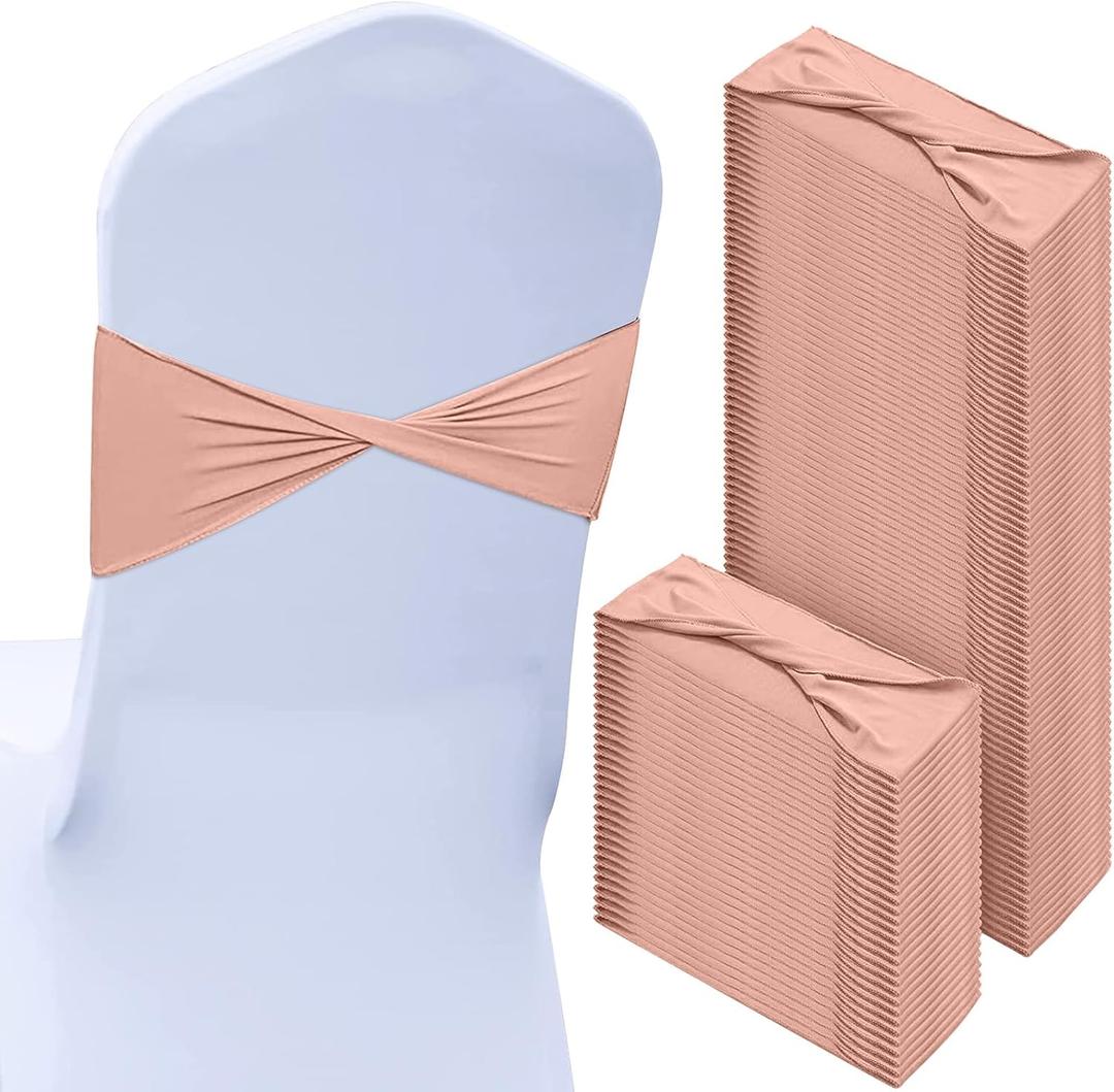 CHENGU 100 Pcs Spandex Chair Sashes Plain Bow Wedding Royal Chair Bands Without Buckle Birthday Decorations Elastic Ties Spandex Slider Sashes for Events Party Ceremony(Rose Gold)