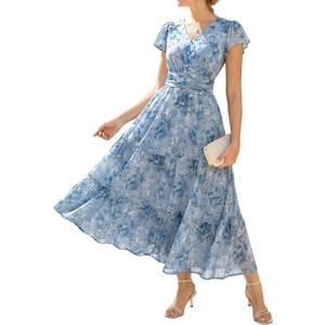 GRACE KARIN 2026 Women Summer Dress,Maxi Short Sleeve Floral Dresses,Semi Formal Flowy Wedding Guest Dress with Pocket (Blue, XL)