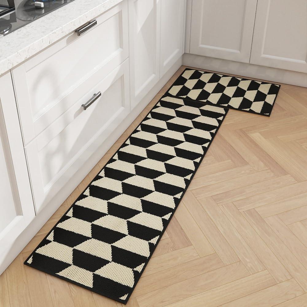 GIB Kitchen Mats for Floor Set of 2, 17.7"x28"+17.7"x59" Kitchen Rugs Non Slip/Skid Washable Runner Rugs, Stain Resistant Comfort Standing Mats for Kitchen Laundry Sink Decor, Black and Cream