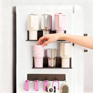 Magnetic Cup Holder for Stanley 40 & 30 oz Tumbler Organizer with 6 Slots and Hanging Hooks, Magnetic Fridge Water Bottle Organizer for Tumblers, Cups and Bottles  3-Pack Black