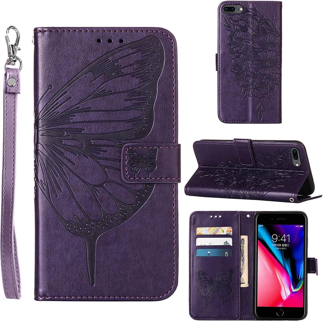 for iPhone 7/8 Plus Wallet Case, 6/6S Plus Case, Butterfly Floral Embossed, Wrist Strap, Card Holder Slots,Stand Leather Protective Flip Cover (Purple)