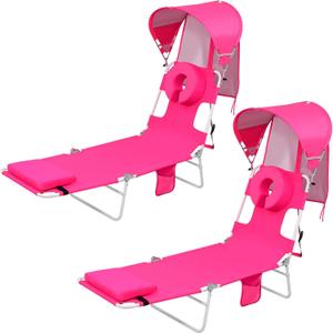 Backpack Beach Tanning Lounge Chair with Canopy Shade Face Hole Padded Adjustable Washable, 6 Position Layout Chair for Outside Sunbathing Poolside Lawn, UPF 50+ Wind-Resistant Sun Shade, 2 Pack (Pink)