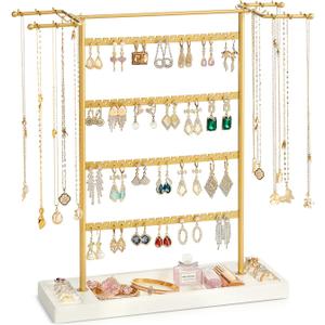 Pinzoveco Jewelry Organizer, 4 Tier Earring Holder Organizer with Base Tray, Jewelry Holder Organizer Stand for Necklaces Holder, Rings, Bracelets, Jewelry Display and Storage (Golden and White)