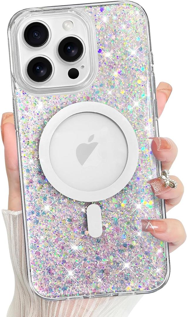 Bonoma for iPhone 16 Pro Case Sparkly Glitter Bling Back, Magnetic Support for MagSafe Shockproof Crystal and Clear High-Duty Protection for Girls Women-Sparkly Glitter