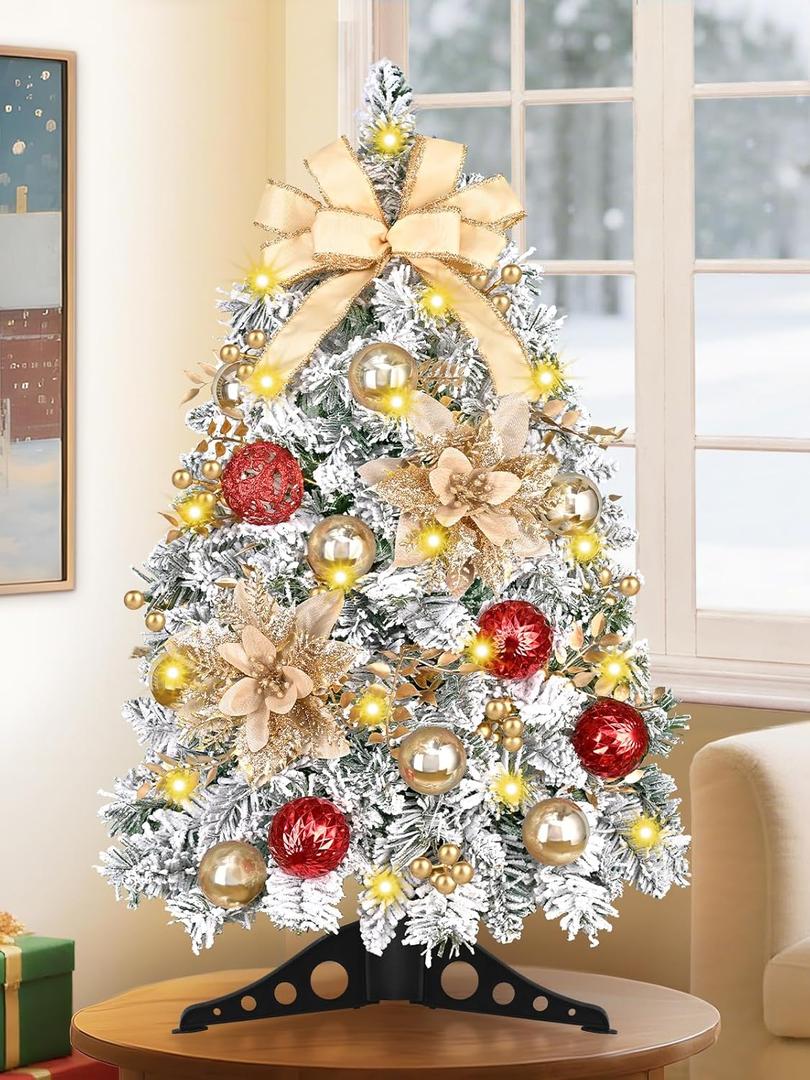 MARTINE MALL 2FT Pre-Decorated Small Christmas Tree with Lights, Artificial Tabletop Mini Christmas Tree Snowy Flocked Xmas Trees with Gold Poinsettia Bow Ball Ornaments for Table Desk Small Space
