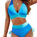 Blooming Jelly Women High Waisted Bikini Sets Tummy Control Swimsuits Color Block Two Piece Drawstring Bathing Suit (L, Blue)