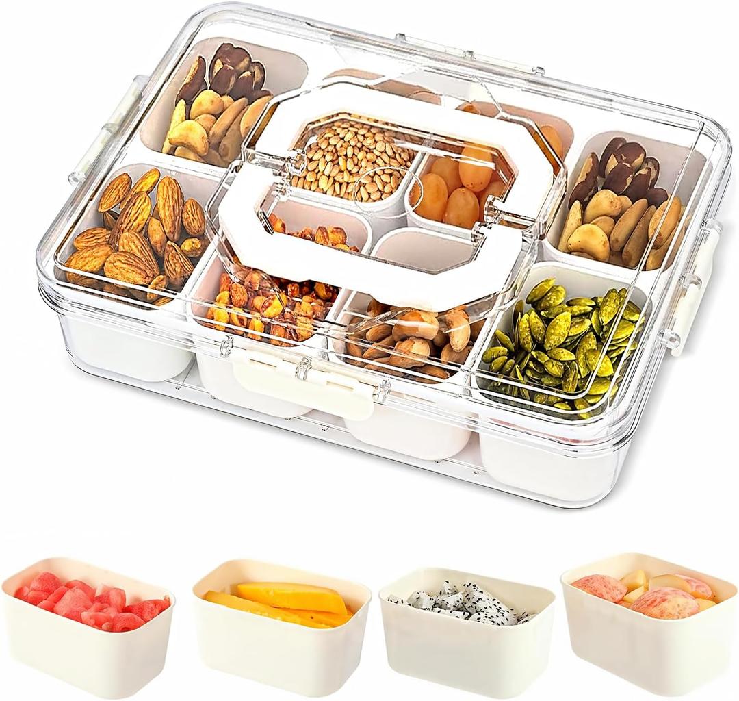 Divided Serving Tray with Lid and Handle,8 Compartments Snacks Box Charcuterie Board Container Storage Organizer for Fruit Candy Veggie Nuts Snacks Party Entertaining Picnic