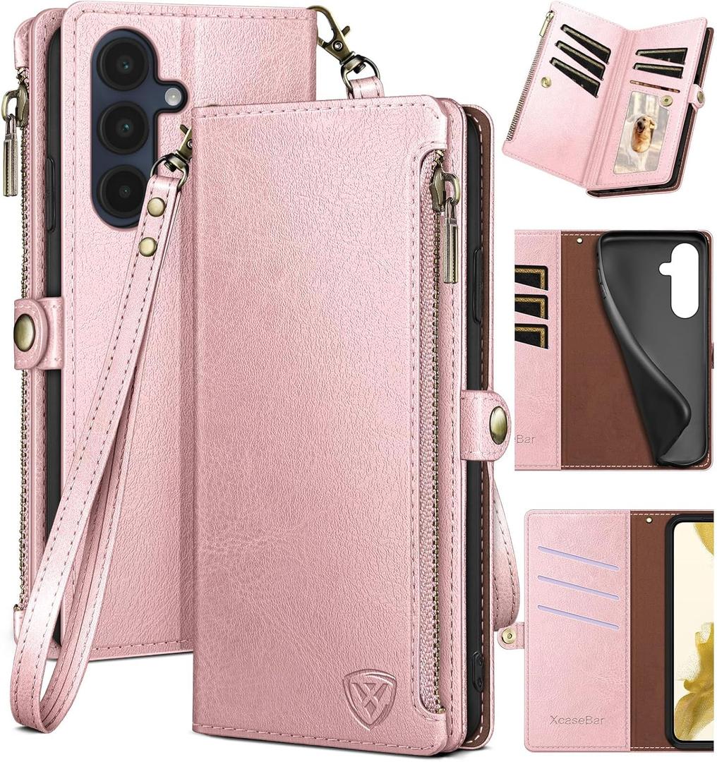 XcaseBar compatible with Samsung Galaxy A16 5G Wallet case with Zipper Credit Card HolderRFID Blocking,Flip Folio Book PU Leather Phone case Shockproof Cover Women Men for Samsung A16 case Rose Gold