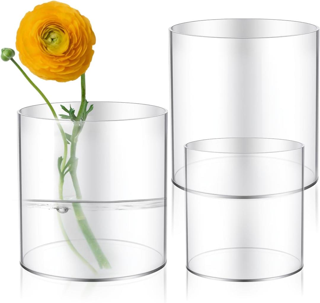 3 Pcs Clear Cylinder Vases Bulk Acrylic Cylinder Round Flower Wide Mouth Vase for Centerpieces 5.9/5.11/3.93in Decorative Vase for Flowers Candle Holder Home Wedding Party Table Decoration