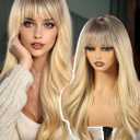 Ombre Blonde Wigs with Bangs,Blonde Layered Wig for Women,Long Wavy Wigs Synthetic Hair Wig for Party Daily Use 26IN