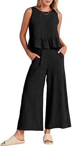 ANRABESS Women Summer 2 Piece Outfits Sleeveless Tank Crop Top Wide Leg Pants Linen Jumpsuits Lounge Matching Beach Sets, 
Black Small