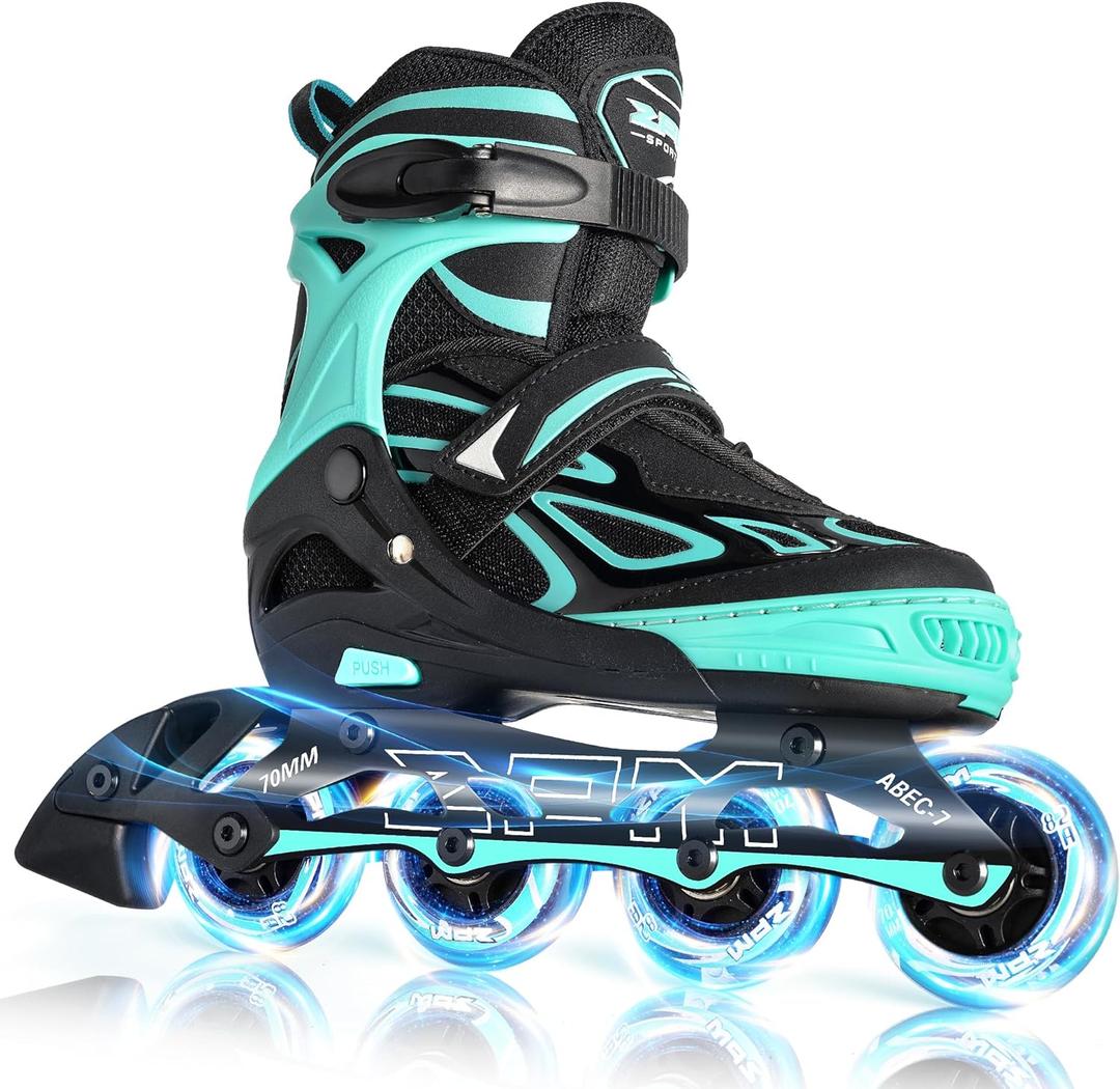 2PM SPORTS Vinal Girls Adjustable Flashing Inline Skates, All Wheels Light Up, Fun Illuminating Skates for Kids Men Adult Women and Boys (Large - Youth (4-7 US), Mint)