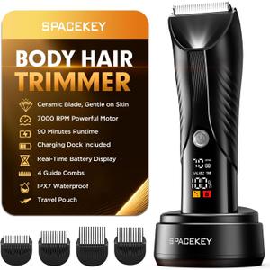 Spacekey Electric Body Hair Trimmer - IPX7 Waterproof Ball Trimmer for Men with LED Light, Wet/Dry Groomer, USB-C Rechargeable, Travel Bag Included - Men's Pubic, Groin and Body Shave