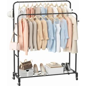 Sooyee Double Rod Clothing Rack with Wheels, 3 Tier Garment Racks for Hanging Clothes, Portable Clothes Rack with 4 Hooks for Bedroom, Laundry Room, Black