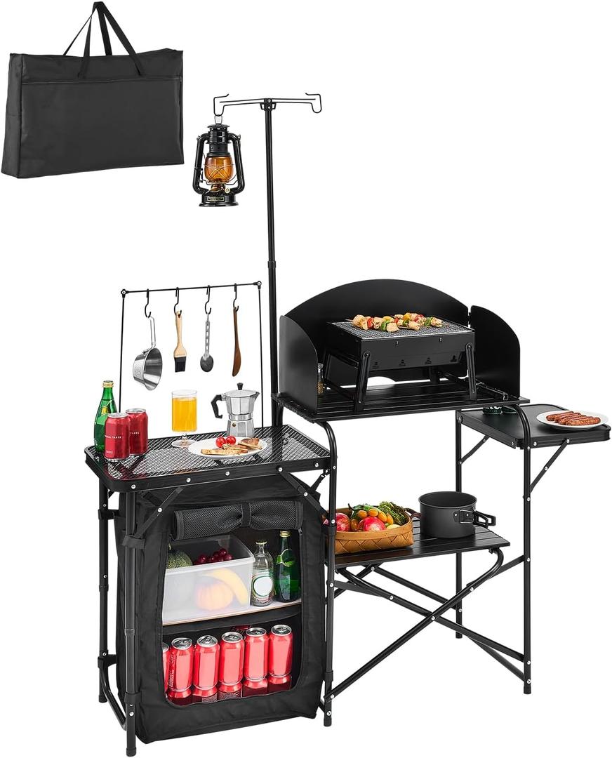 VEVOR Camping Kitchen Table, Outdoor Camp Cooking Table, Aluminum Portable Cook Station with Storage Cupboard, Carrying Bag, Detachable Windscreen, Quick Set-up for BBQ Party Picnic RV Travel, Black