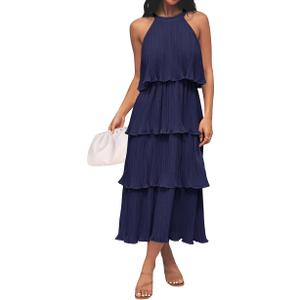 ZESICA Women's 2026 Summer Sleeveless Halter Neck Ruffle Tiered Layed Chiffon Flowy Swing Long Midi Dress, Navy Blue XL