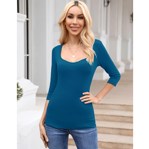 Micoson Women's 3/4 Sleeve Tops Elbow Length Sleeve Shirt Sweetheart Neckline Tops Basic Work Tees Peacock Blue L