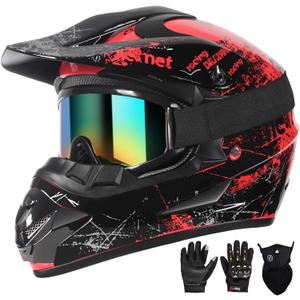 SPARK Dirt Bike Helmets Kids Motorcycle Helmet Youth ATV Motocross Full Face Men Women Off-Road Mountain Bike Helmet Adult with(Gloves Goggles Mask) DOT Approved 4Pcs Set (Small, Red)