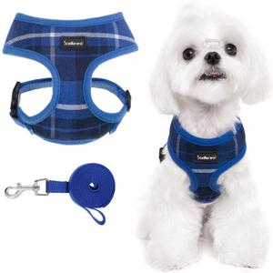 SCENEREAL Puppy Dog Harness with Leash Set for Small Medium Sized Dogs, Soft Mesh Pet Harnesses and Leash, No Chock Plaid Adjustable No Pull Vest for Dogs Cats, Chihuahua,Bulldog (Blue S) (S: Chest Girth: 14"-18")