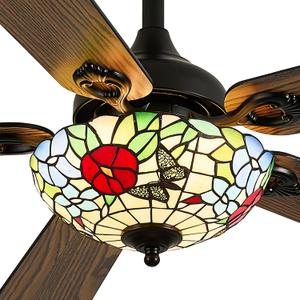 52" Tiffany Style Ceiling Fans with Lights, Vintage Chandelier Ceiling Fan with Stained Glass Shade, Dimmable LED, 6 Speeds Reversible for Bedroom (Butterfly Garden)